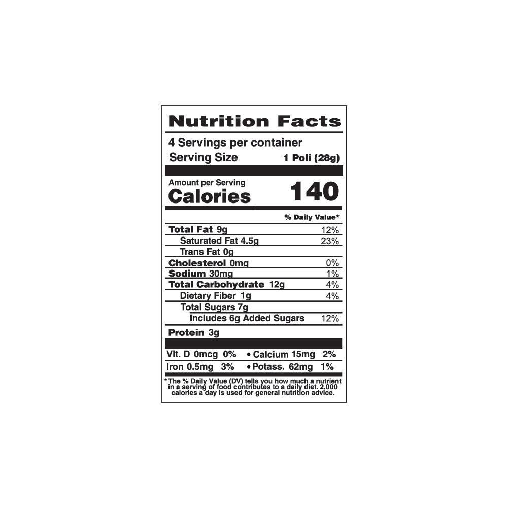 Nutrition facts label for a product with detailed calorie and ingredient information.