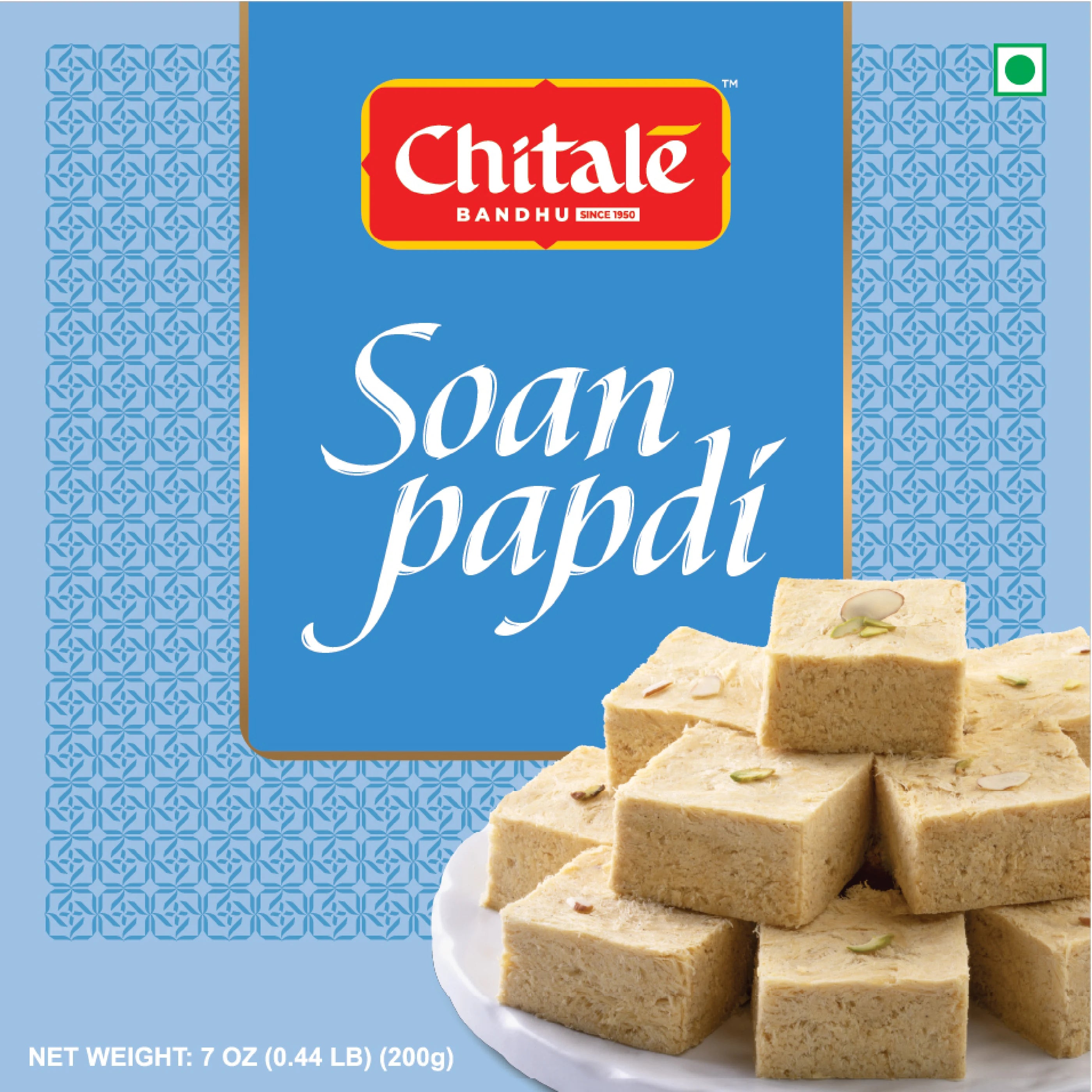 Box of Chitale Soan Papdi with a blue background and product image.