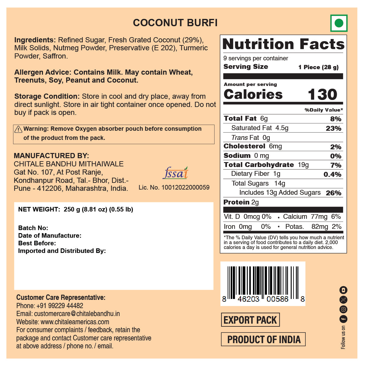 Nutrition facts label for Coconut Burfi with detailed information on ingredients, allergens, and manufacturing details.