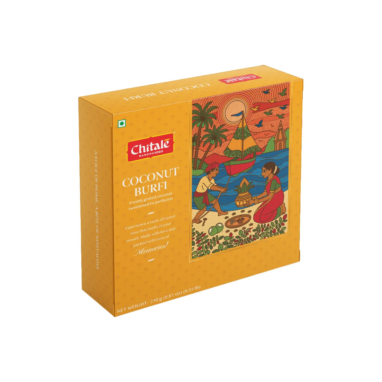 Chitale Coconut Burfi packaging with a scenic illustration 